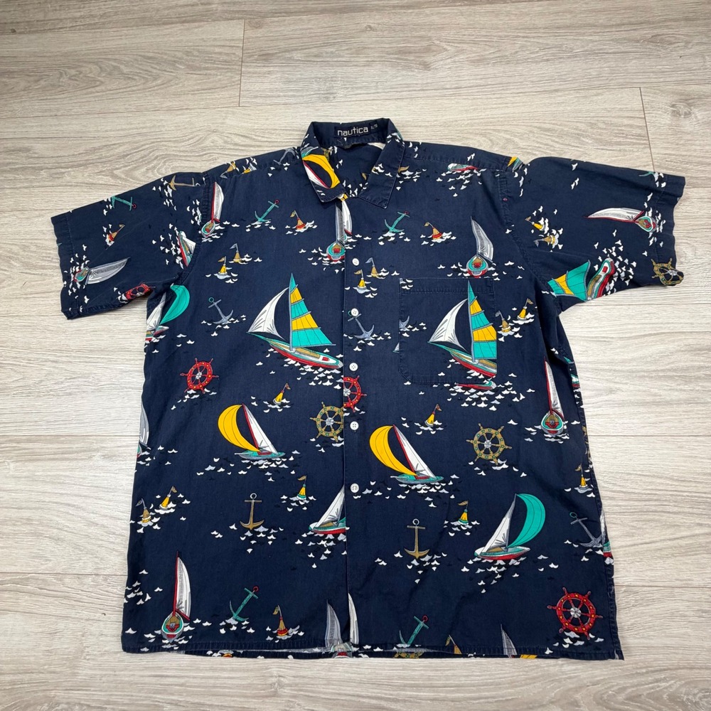 Vintage 90s Nautica Navy Cotton‎ Poplin Sailboat Anchor Short Sleeve Shirt Sz XL